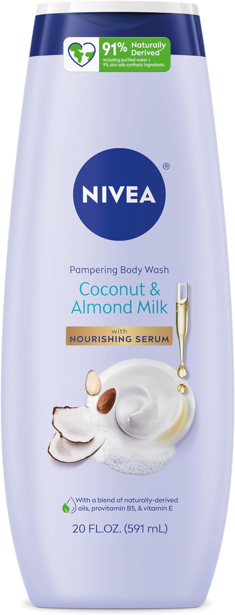 Pampering Coconut and Almond Milk Body Wash with Nourishing Serum, Moisturizing Body Wash for Women, Enriched with Provitamin B5 and Vitamin E, 20 Fl Oz Bottle