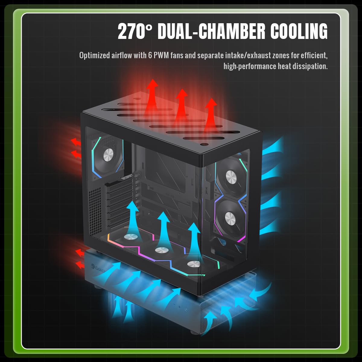 GAMEMAX N80 BK Obudowa Komputerowa ATX Mid-Tower, Verre Panoramique de 270° sur Panneau Avant et Latéral, 6 Ventilateurs ARGB PWM de 120mm Préinstallés, Support BTF et Montage Vertical de GPU