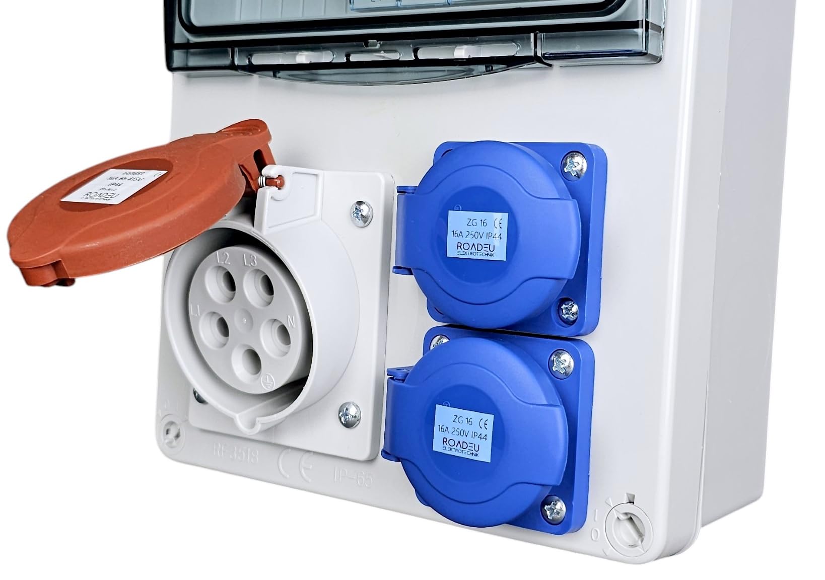 RoadEu Cuadro CEE 400V IP44 con CEE 32A y 2 tomas Schuko | Magnetotérmicos C32A 3P y C16A 1P VDE, cableado 6 mm² / 2,5 mm², precableado
