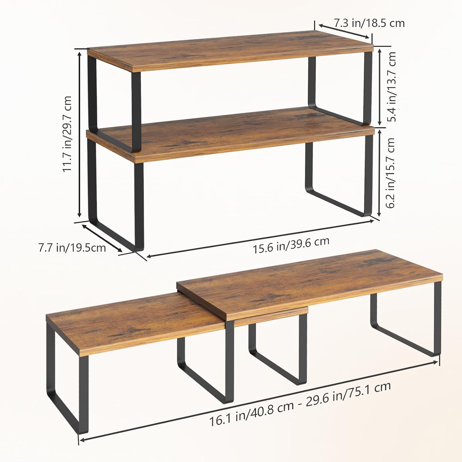 Set of 4 Kitchen Shelf Organizer for Cabinet, Large 15.7 in(L) Counter Cupboard Organiser, Pantry Storage Rack for Bathroom, Kitchen, Laundry Room Expandable & Stackable