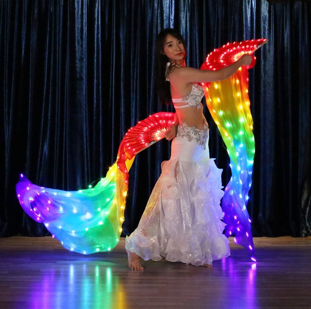Upgrade 100% Silk Belly Dance LED Fans Veil - 1.8m Long Bamboo Fans Veil Hand Made Silk Fans for Dance/Outdoor