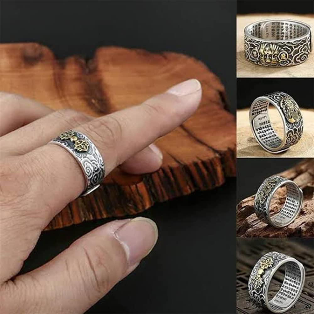 6PCS Feng Shui Pixiu Mantra Ring - Adjustable Amulet for Wealth and Good Luck (Gold)