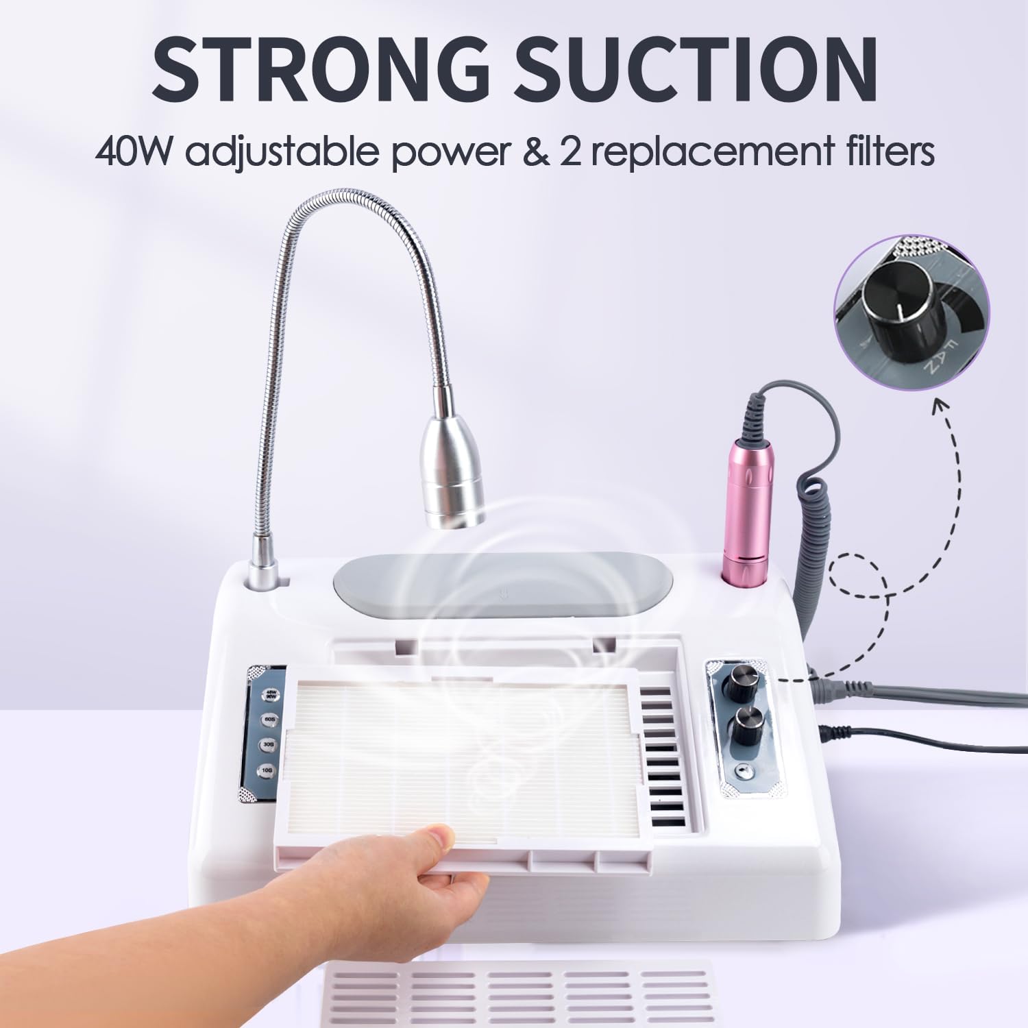 Nail dust collector with strong suction and filter visible
