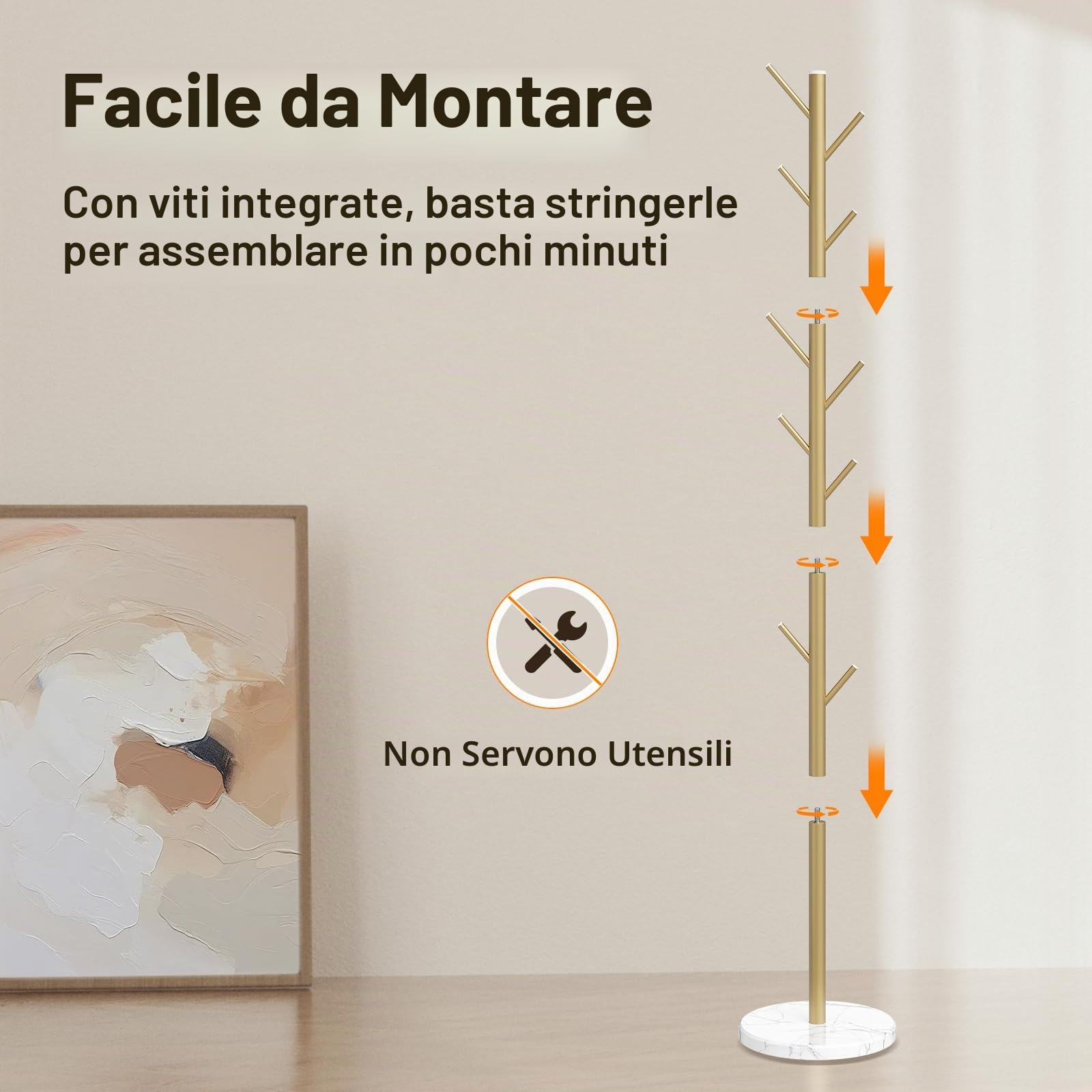 ELYKEN Appendiabiti con Base in Marmo Naturale, Appendiabiti Autoportante in Metallo con 8 ganci, 3 Dimensioni Regolabili, Robusto Albero Appendiabiti per Borse Cappotti Cappelli, Oro