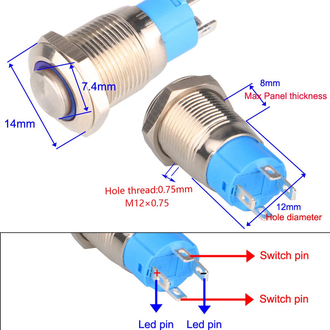 Bouton Poussoir Momentané 12mm 12V-24V DC 3A, Anneau Blanc, Interrupteur Lumineux LED En Métal, étanche Avec Joint Caoutchouc, Pour Alimentation
