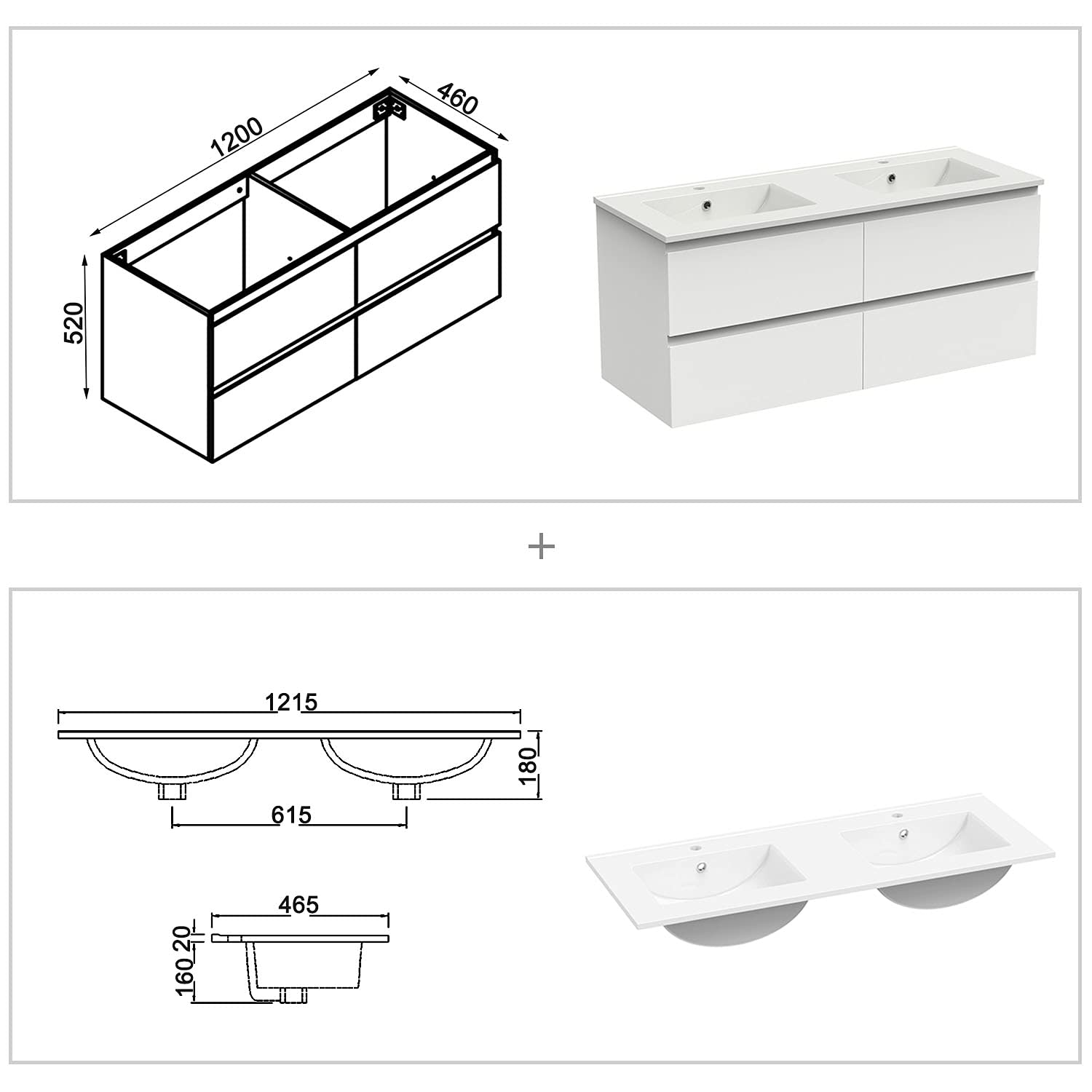 AICA Ensemble Meuble Salle de Bain 120cm Blanc Double Vasque et Miroir Lumineux 3 Couleurs et dimmable