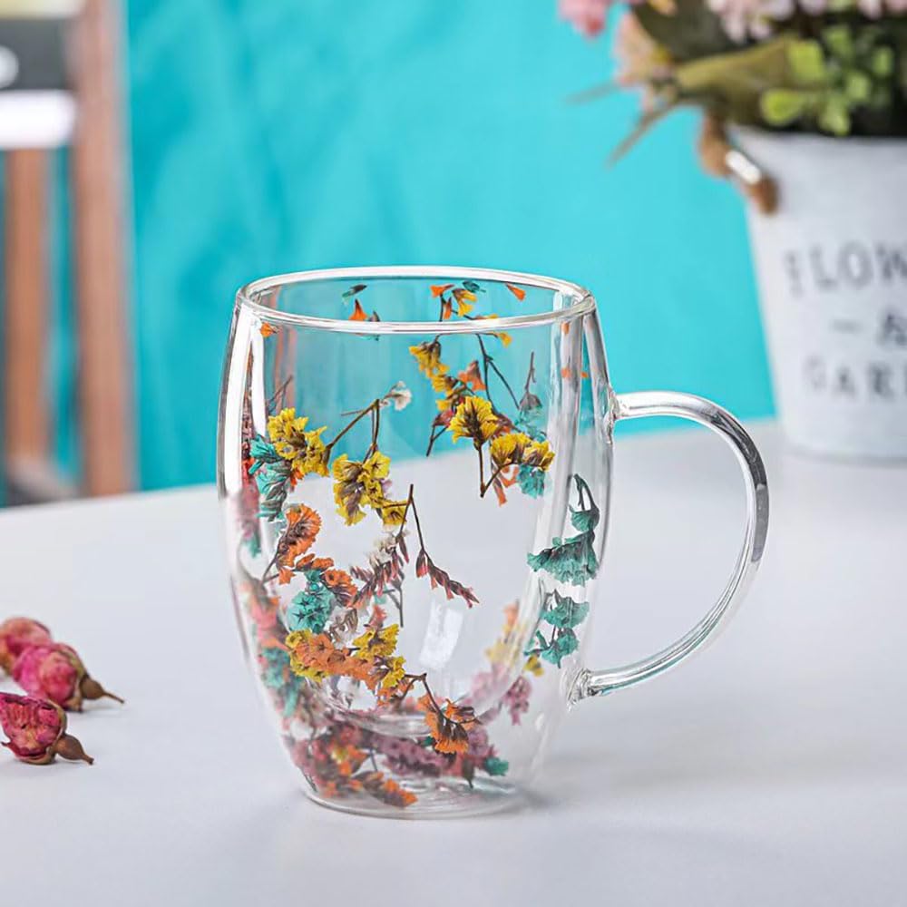 Flower Double Wall Clear Glass Coffee Mugs Creative Clear Glass Cups with Handle Flowers Double Insulated Glass Cup for Hot Cold Beverages Cappuccino Latte, Espresso Juice Glass Coffee Cups - Image 8