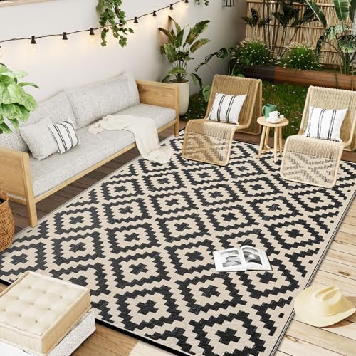 OLANLY-Waterproof-Outdoor-Rug-9x12-ft-Reversible-Plastic-Straw-Patio-Rug-for-Camping-RV-Mat-Outside-Indoor-Outdoor-Carpet-for-Porch-Deck-Backyard-Camper-Balcony-Picnic-Black-Beige