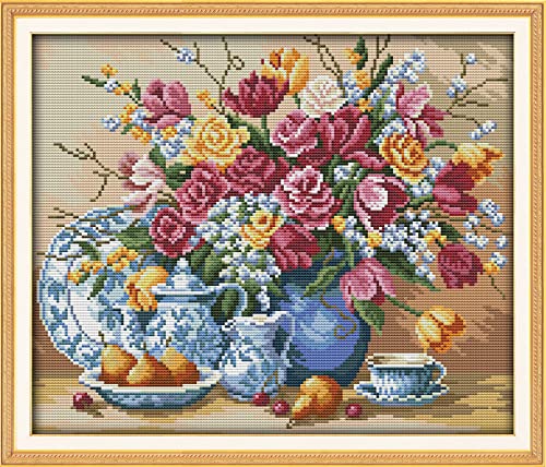 Kit point de croix débutant vase et fruits broderie 11CT pré-imprimé toile 40x50 cm