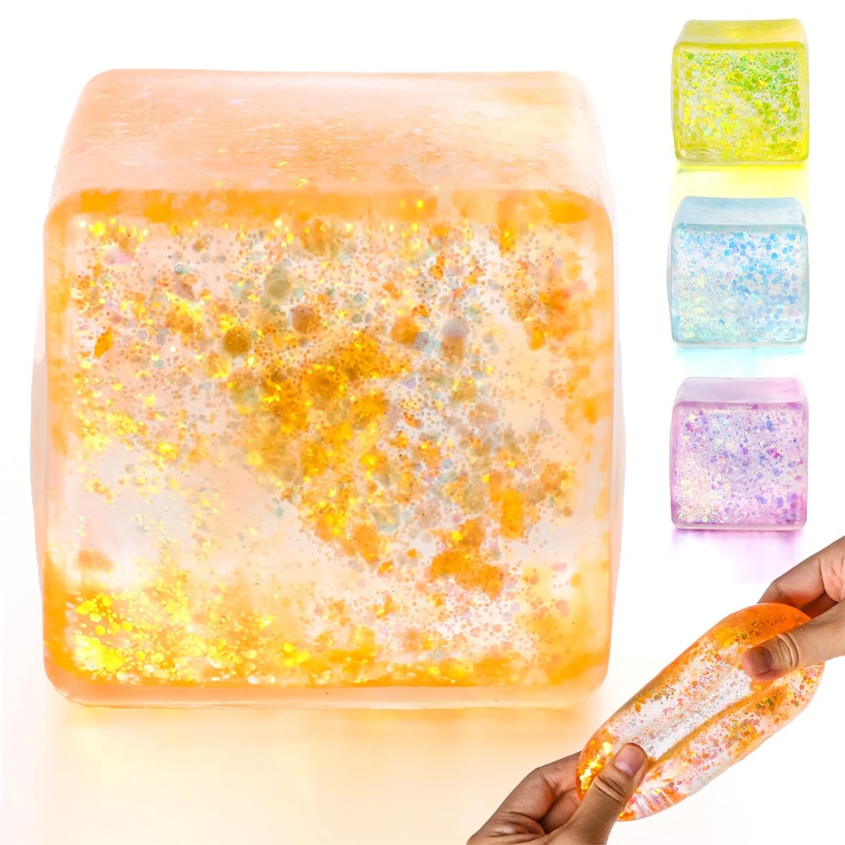 Squishy Stress Cube, Orange Glitter Squeeze Fidget Toy for Anxiety Relief