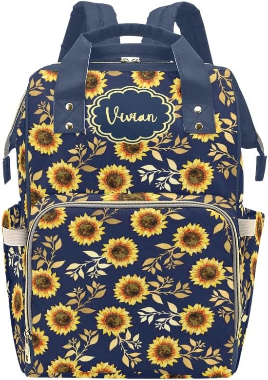 Sunflower Dark Blue Personalized Diaper Bag with Name Mommy Bag Customized Baby Tote for Women Multi-Function Travel Backpack Gift for New Mom Dad