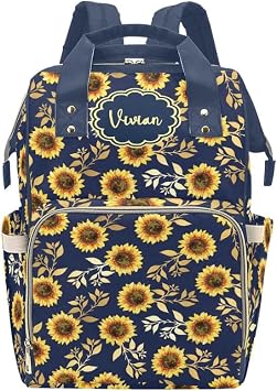 Sunflower Dark Blue Personalized Diaper Bag with Name Mommy Bag Customized Baby Tote for Women Multi-Function Travel Backpack Gift for New Mom Dad