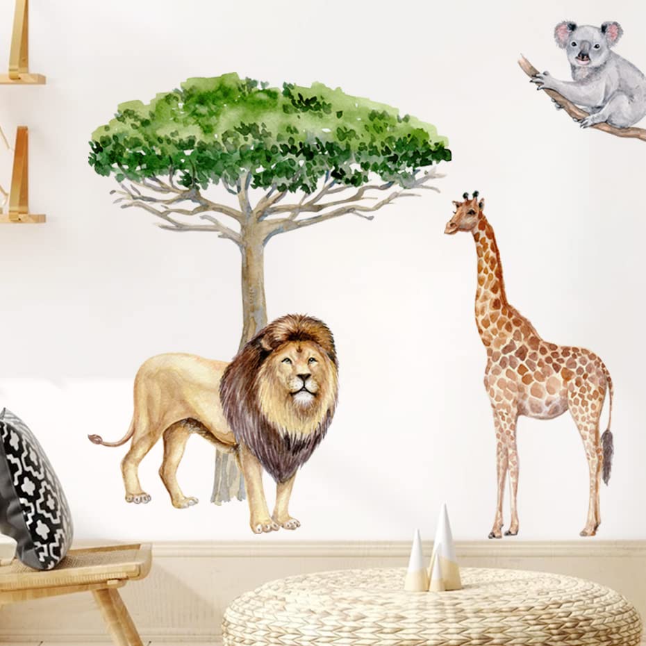 León de Dibujos Animados Jirafa árbol de la Acuarela de la Etiqueta de la Pared de Vinilo removible de la guardería habitación de los niños Decoración del hogar