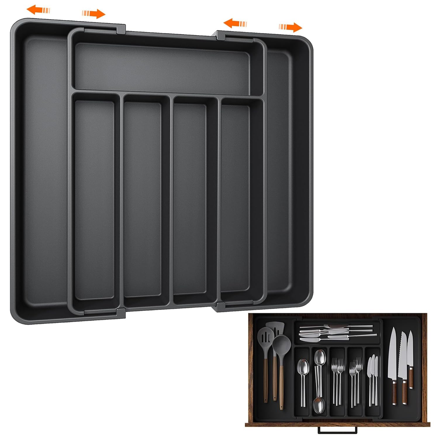 Tycom Kitchen Drawer Organizer, Expandable Cutlery Tray Utensil Silverware Holder, Drawer Dividers Flatware, Knives in Kitchen（Plastic 38 * 33cm Black）