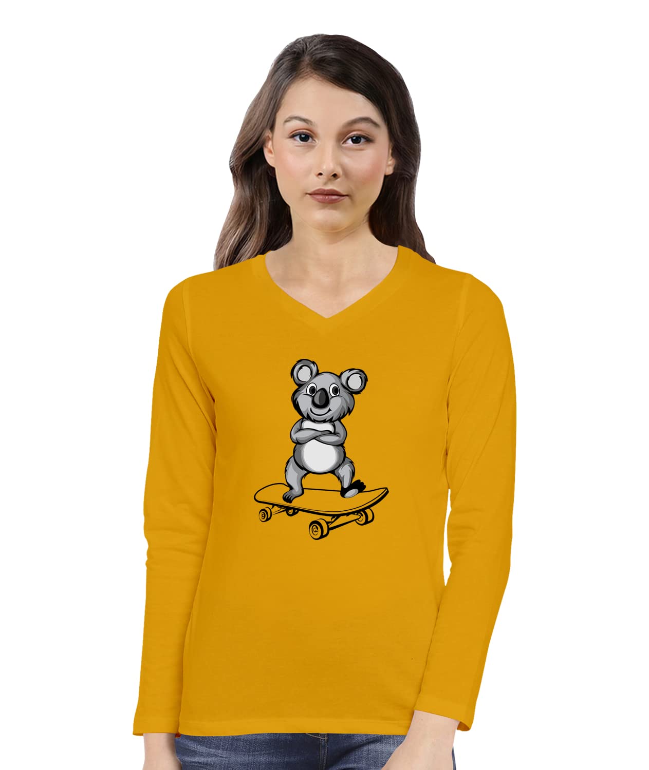 Cricmarket Graphic Printed Women Tshirt Koala Skateboard Cotton Printed V Neck Full Sleeves Koala,Animal,Animal Lover,Trending Tees and Tshirts.