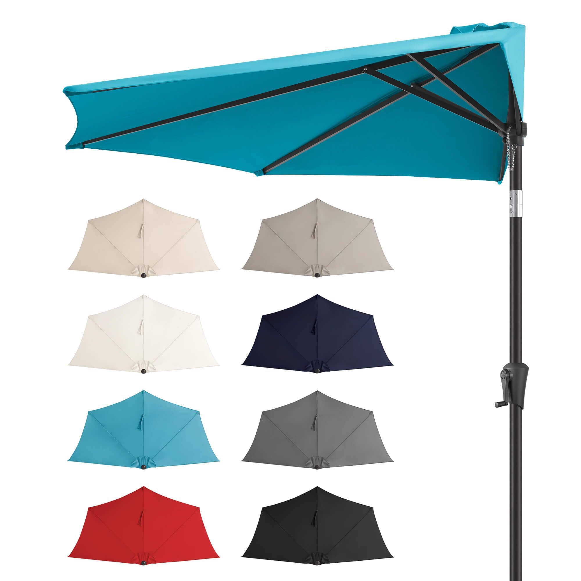 FLAME&SHADE 9' Half Round Outdoor Patio Market Umbrella with Crank Lift, Push Button Tilt, Aqua Blue