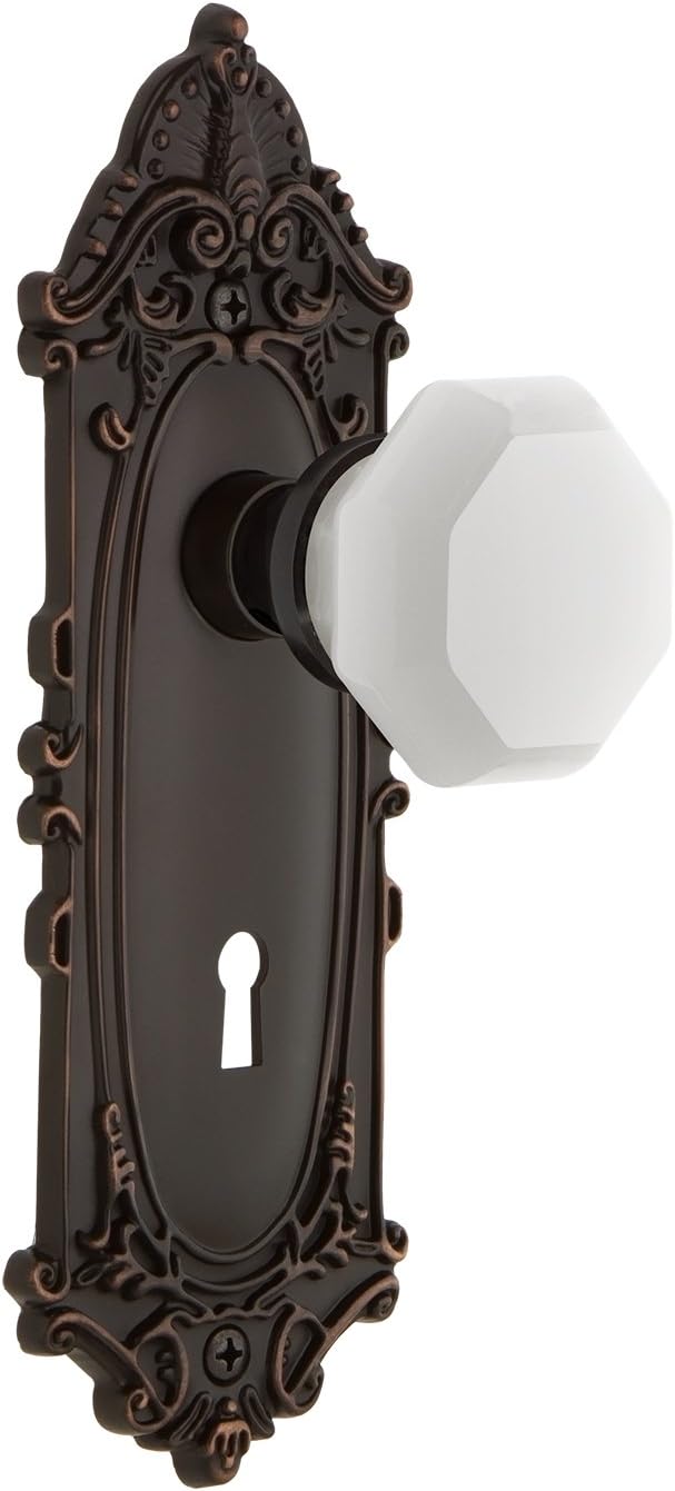 Nostalgic Warehouse 748632 Victorian Plate Waldorf White Milk Glass Knob, Single Dummy, Oil-Rubbed Bronze