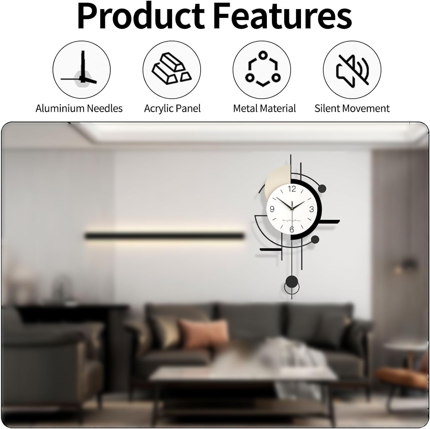 Große Moderne Wanduhr, Lautlos Dekorative Wall Clock Ohne Tickgeräusche mit Pendel, Minimalistisches Wanduhren mit Pendel, Metallrahmen, für Wohnzimmer Flur Schlafzimmer Büro Küche, 70 * 38cm