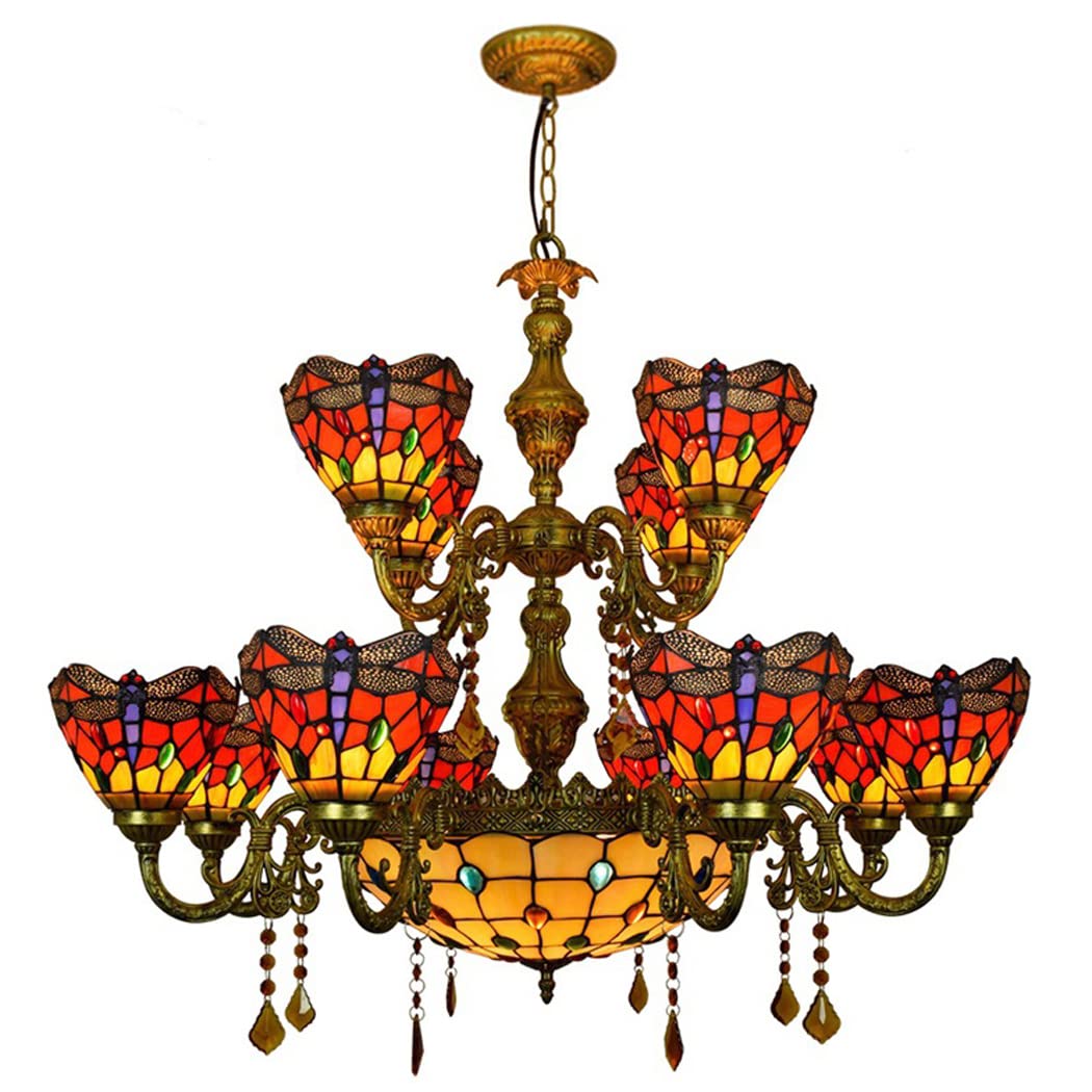 FYZDLAOR 12+1-Light Chandelier,with Dragonfly Pattern Lampshade Pendant Light Light Fixtures,Tiffanystyle Stained Glass Hanging Light Wide 36 Inch with Crystal Pendant