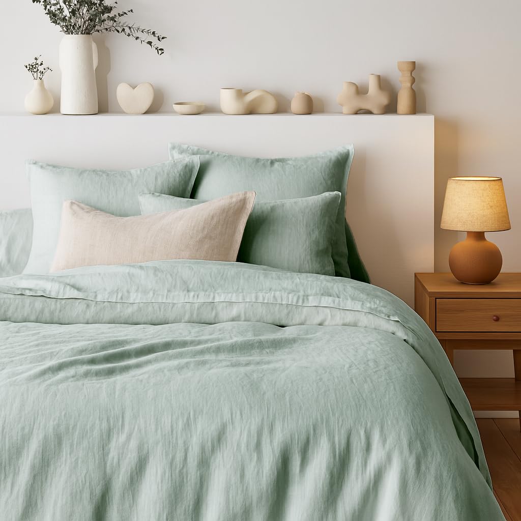Parure de Couette 100% Pur Lin Lavé Vert de Gris – Housse de Couette 140x200 cm + 1 Taie 63x63 cm – Linge de Lit Naturel, Respirant, Literie Haut de Gamme