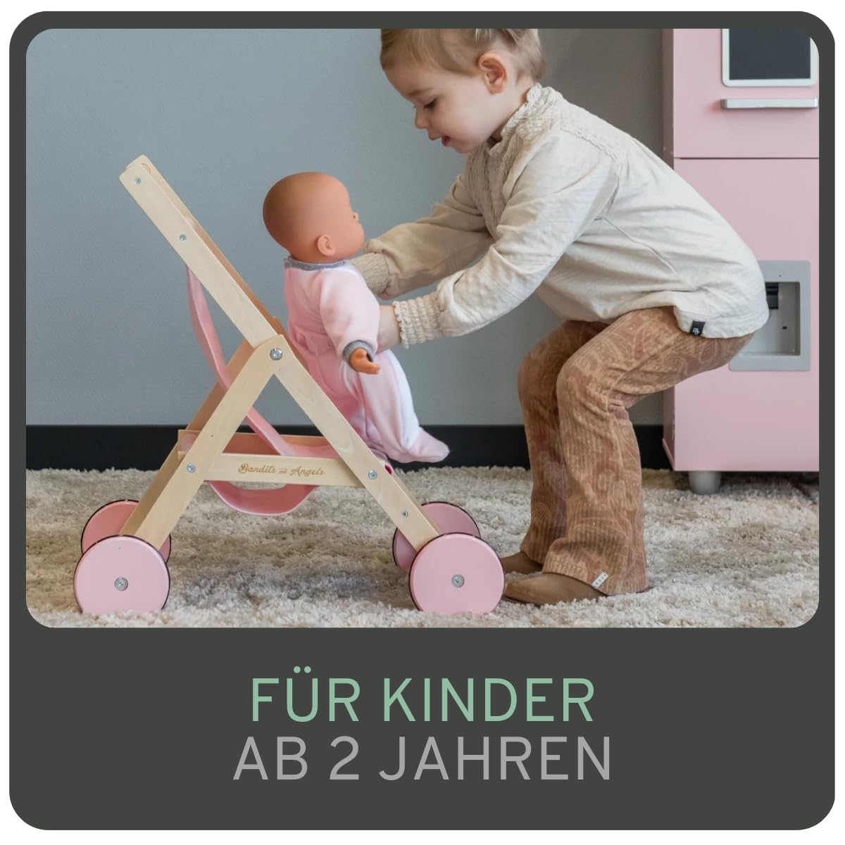 Bandits & Angels Puppenbuggy Lovely Flowers aus Holz – ab 2 Jahren – Puppenwagen aus Holz – für Puppen bis 50 cm – Puppenwagen Rosa mit Blumen – Puppenbuggy