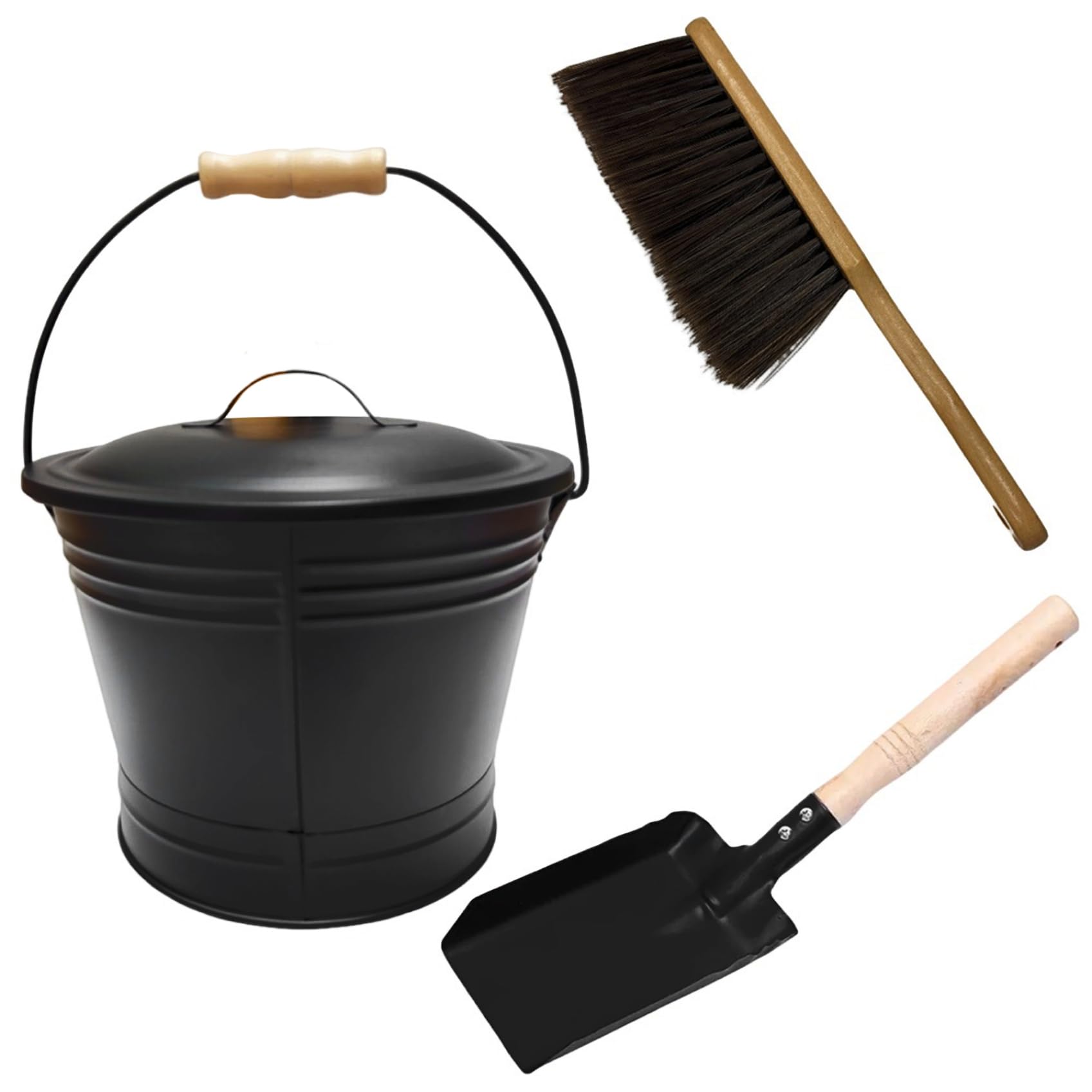 Secchio per cenere 3 pezzi/set Secchio per cenere resistente al fuoco per carichi pesanti con coperchio, scopa e pala per camino - con coperchio e pala