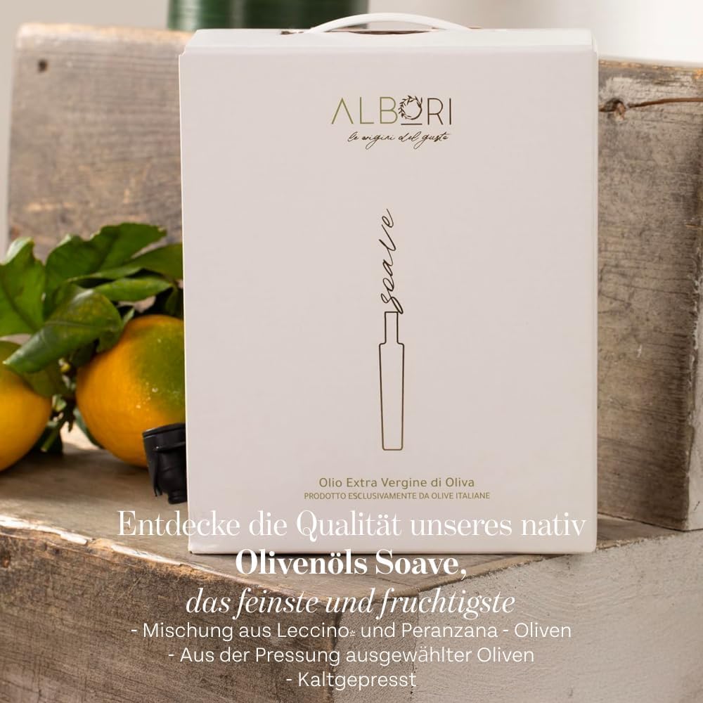 ALBORI Soave - Olivenöl 5 Liter NEU 2025/2026 Italienisch Extra Nativ Apulisches Kaltgepresst - Mischung Zarter Geschmack für Fisch Fleisch Gemüse, Verschwendungsfreier, Ausgießer Kein Umfüllen Nötig