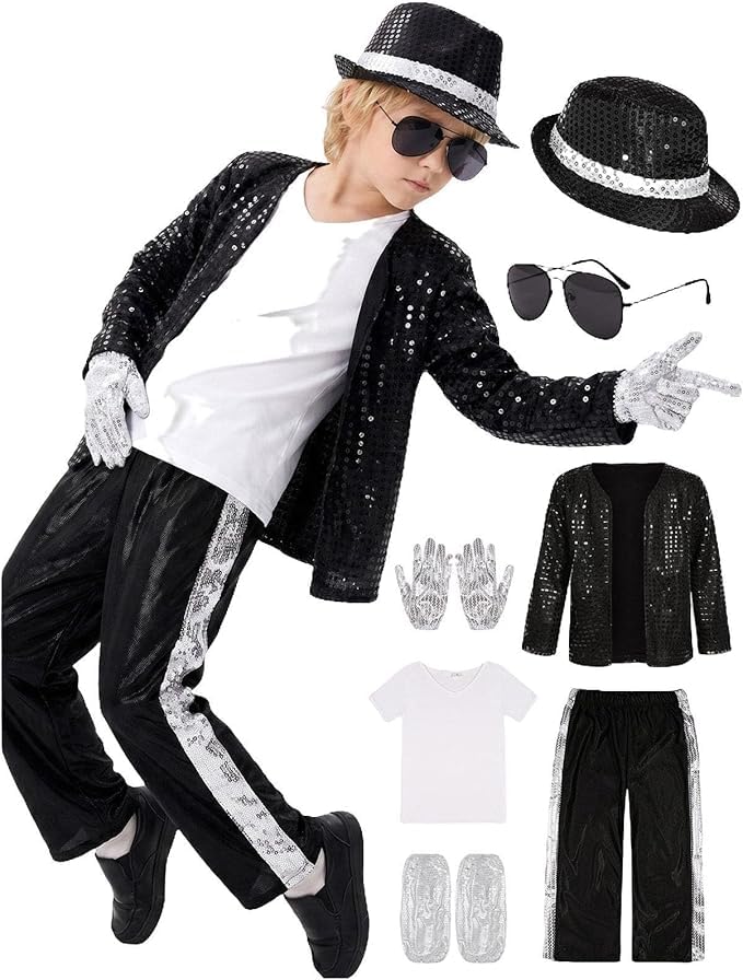 Rilltea Pop Super Star Costume Set, 80s Retro Black Sequin Jacket Trousers Hat Glove, Stage Outfit Halloween