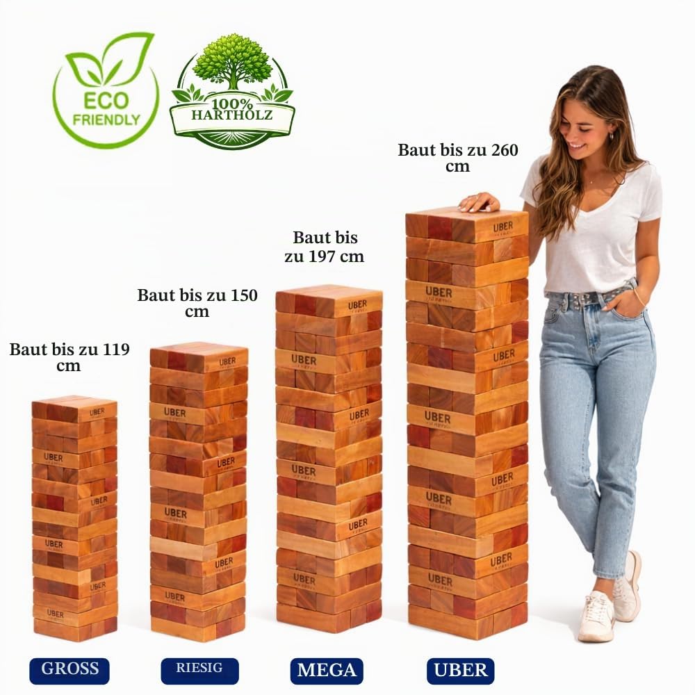 Uber Games Riesen Wackelturm XXL Spiel - 30kg bis 150 cm Groß - India ökologisch Hartholz - Handgefertigt in Ultra Luxus Tasche