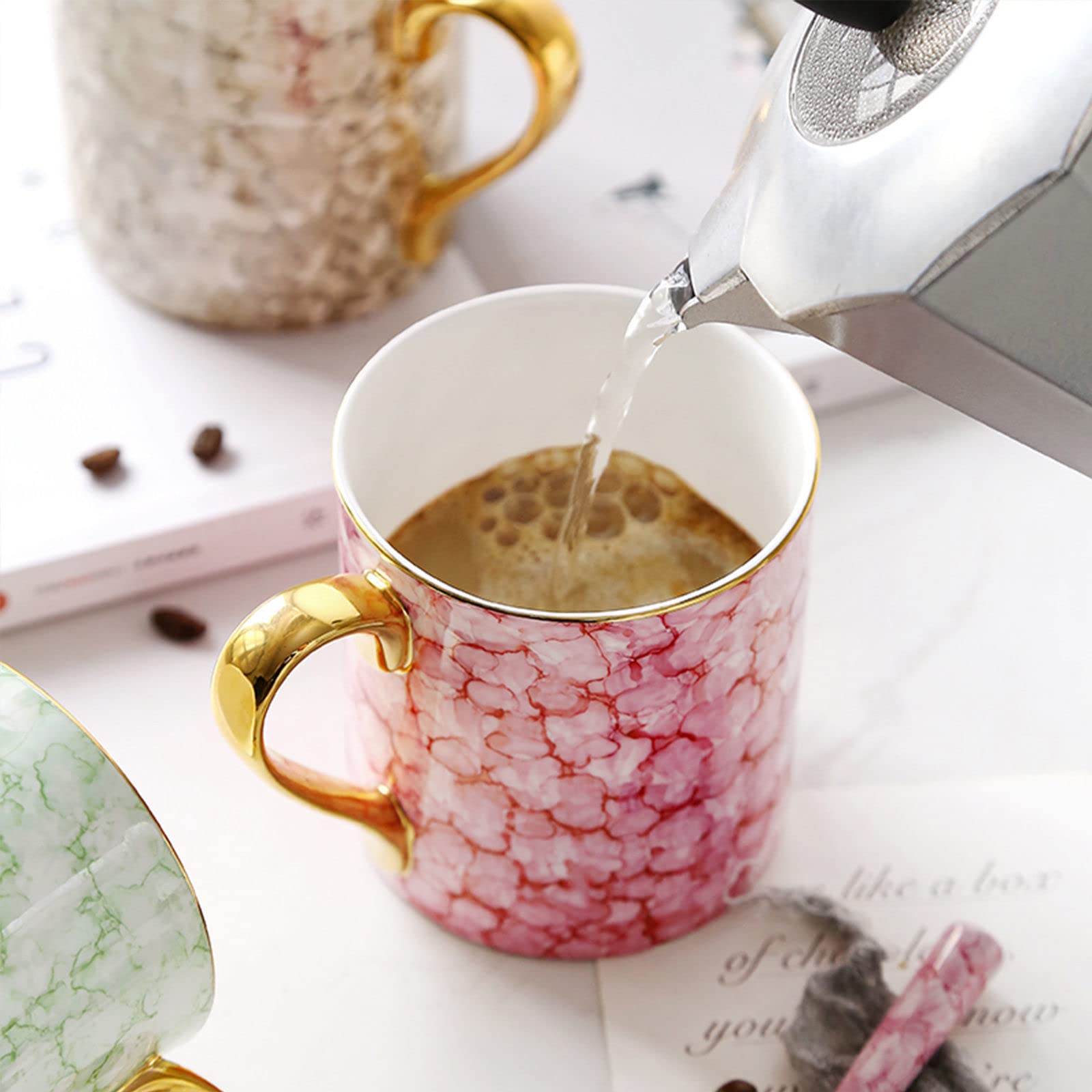 Persönliche Kaffeebecher, Keramiktasse, Kaffeetasse, 380 ml, Marmormuster, große Kaffeetasse, Keramiktasse mit Henkel, Mikrowellentasse, for Hafer, Milch, Kaffee, Tee, Rosa (Color : Pink)