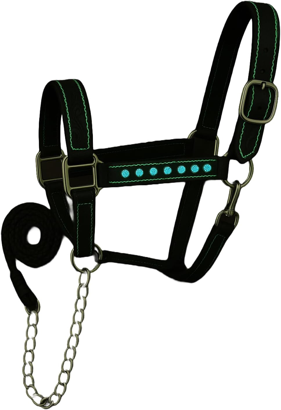 Handcrafted Leather Horse Halter – Tooled Design with Crystals, Cushioned Padding, Adjustable Fit, Chain Lead Pony M145