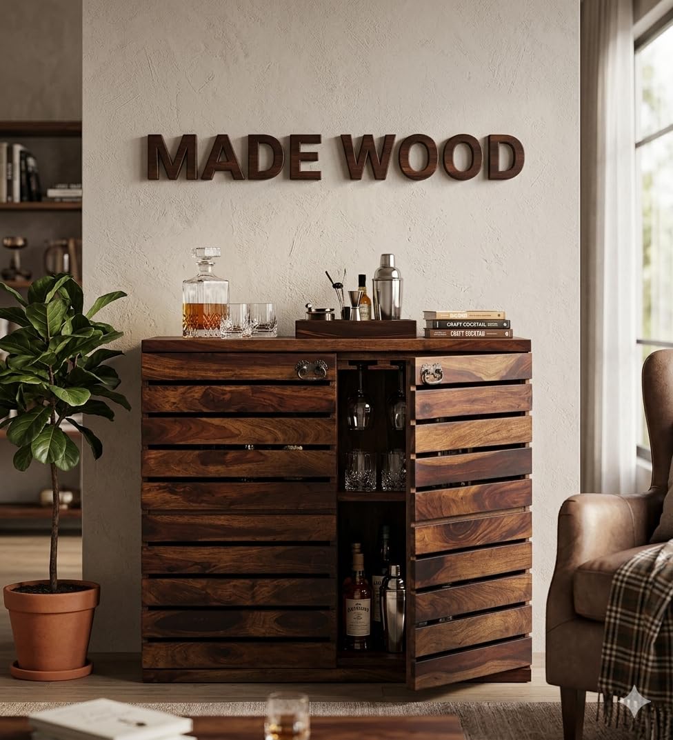 MADE WOOD Home Bar Furniture Wooden Bar Cabinet with Storage Bar Units Bar Cabinet for Living Room Wine Rack with Drawer & Glass Holder Bear bar [Sheesham Wood Walnut]-image-45