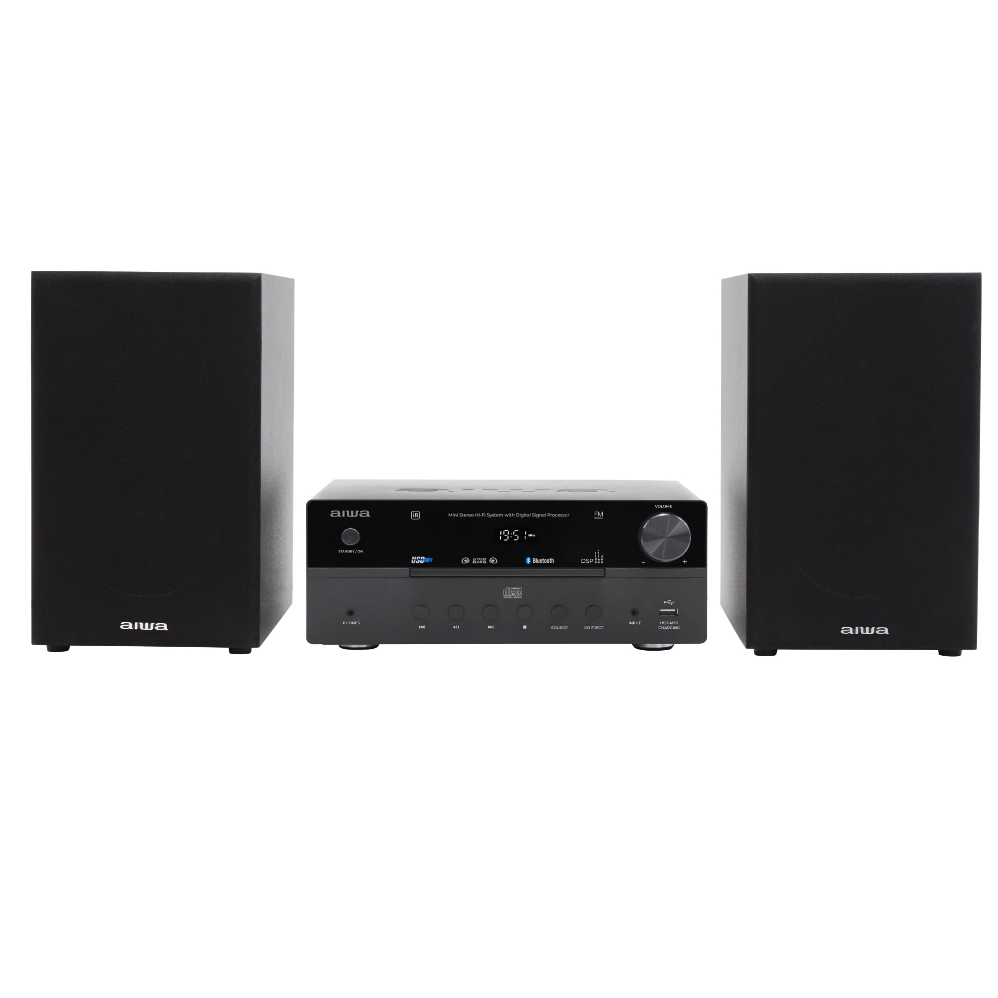 AIWA MSBTU-​550 Mini Sistema Hi-​Fi Stereo 50W RMS con Bluetooth 5.0, CD/​MP3, USB (riproduzione e ricarica), Radio FM-​PLL, AUX RCA/​3,​5 mm, Hyperbass, DSP Colore nero