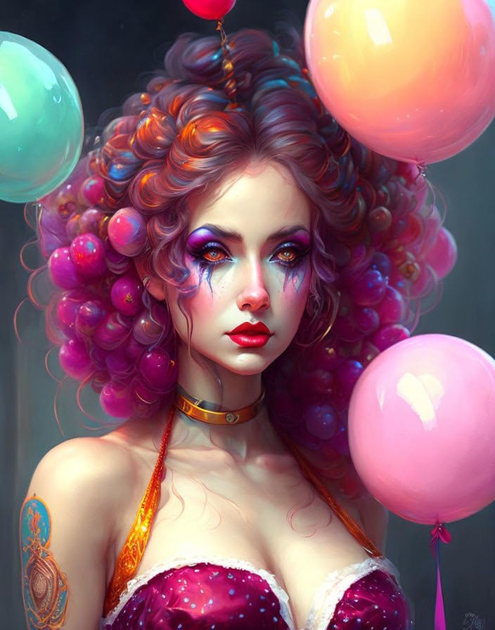 Poster clown féminin avec ballons SERENDIPITP toile 58x90 cm