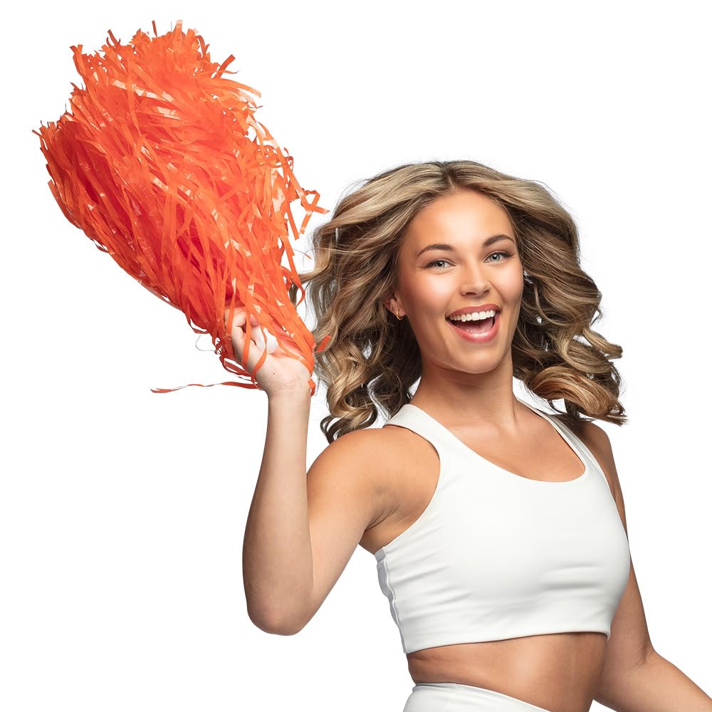 Cheerleader Pompom with Handle 34 cm - in Various Colours - Dance Pom Pom for Sports Events, Cheerleading, Party, Carnival & Show Appearance (Orange)