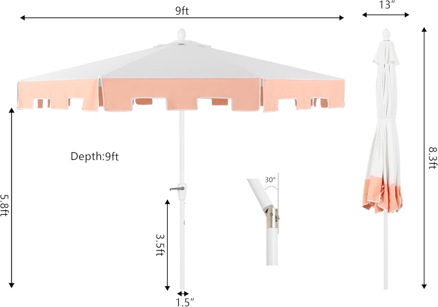 JONATHAN Y UMB1000C Baiona 9 ft. Classic MidCentury Market Patio Umbrella with UV Protection, Auto-Tilt, Crank and Wind Vent in White/Coral Pink - Image 4
