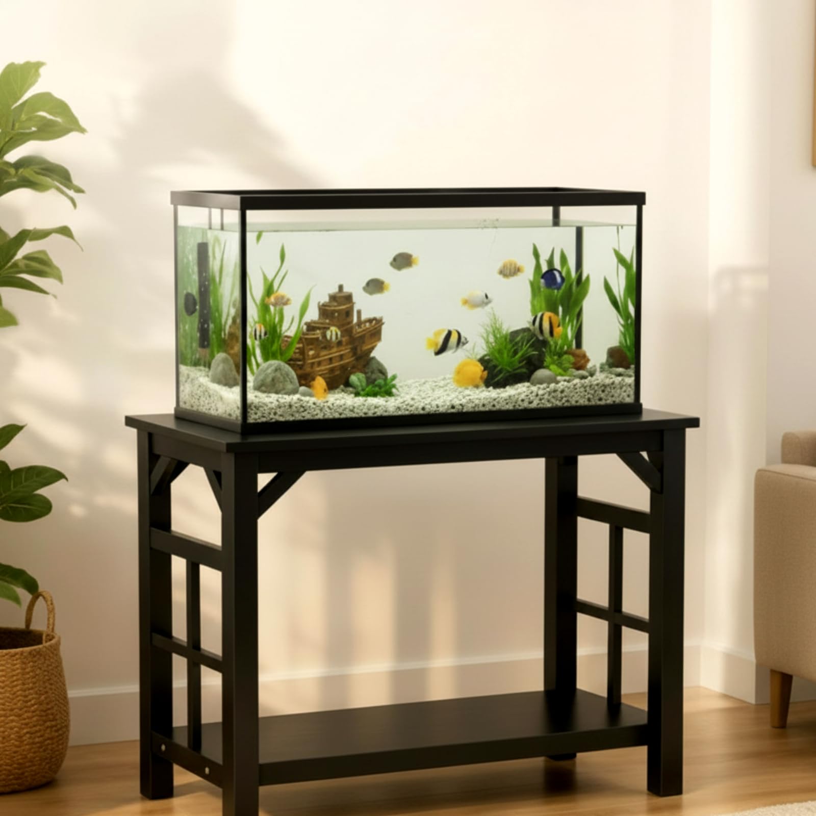 Colingmill Soporte de madera maciza de 10 a 20 galones, resistente, para acuario, terrario, para oficina en casa, mesa de estante para pecera, color negro, 25.5 x 14 x 24.4 pulgadas