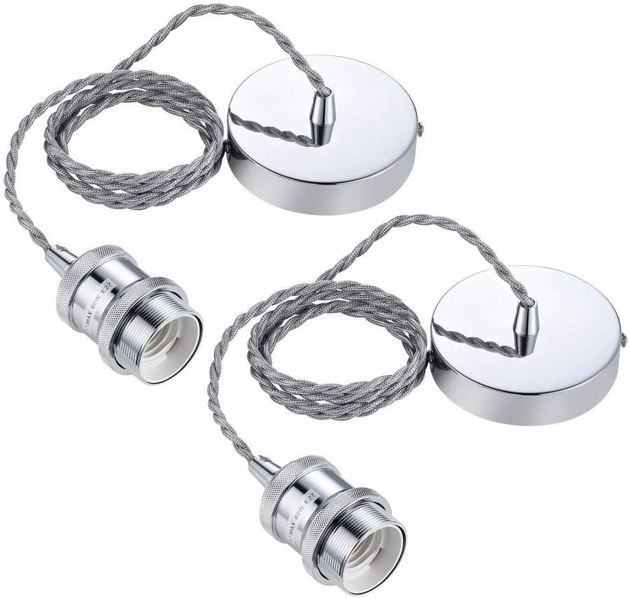 VLIKE PL01 Chrome Ceiling Pendant Light fitting Ceiling Rose Modern E27 Lamp Holder Suspension Braided Flex Light Fitting Kit(Chrome 2PCS) [Energy Class A+]
