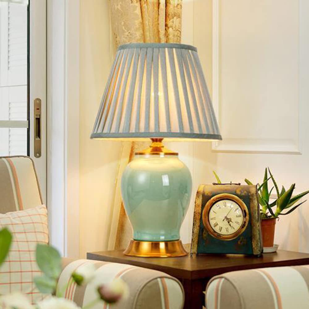 Mengjay Lámpara de Mesa Cerámica Elegante con Base de Porcelana Verde y Pantalla de Tela Blanca Casquillo E27 para Dormitorio Mesita de Noche Salón