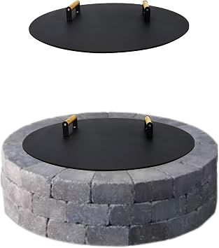 34  Fire Pit Cover Lid Round - Fit for 32  Round Fire Pit Lid for Outdoor Fireplace Cover Lid Steel fire pit metal cover W/ 2 Wooden Handles & Heat Resistant Snuffer Lid for Patio Fire Pit Ring
