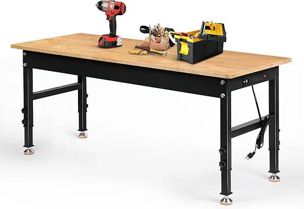 Betterhood Adjustable Height Workbench, 60" Rubber Wood Top Heavy Duty Workstation with Power Outlets, 2000 LBS Load Capacity Hardwood Worktable for Workshop, Garage, Office, Home, Commercial