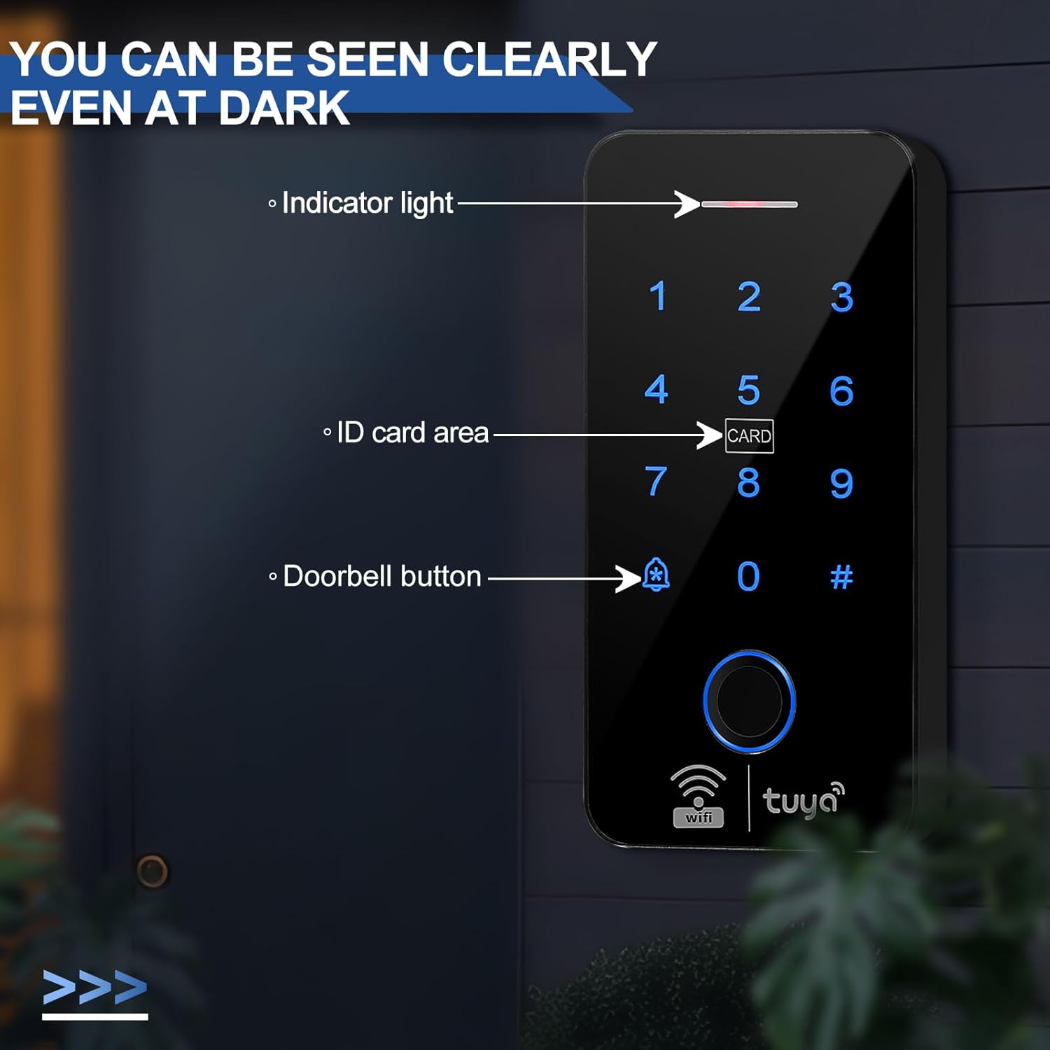 Close-up of the F20K keypad highlighting the indicator light, ID card area, and doorbell button.