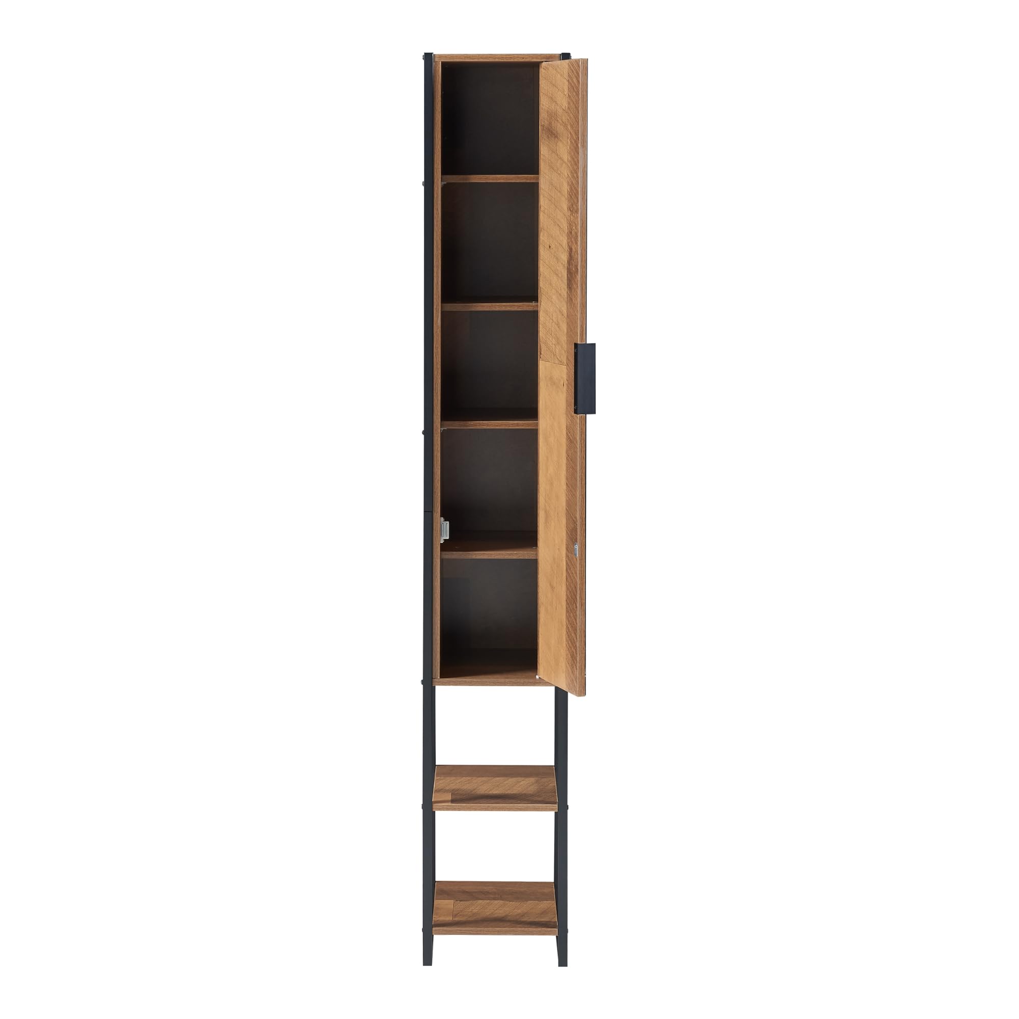 [en.casa] Armario Alto Namsskogan Columna de Baño con 2 Compartimentos Abiertos y 5 Cerrados Mueble Auxiliar Alto Baño Puerta con Espejo Aglomerado Metal 160 x 24 x 30 cm - Efecto Nogal y Negro