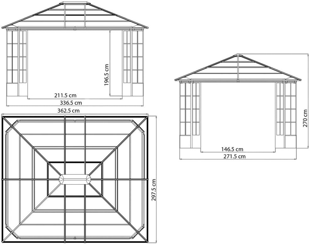 Technical drawing with dimensions of the Sojag Savino Gazebo
