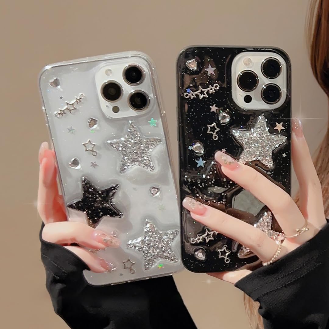 Funda para teléfono Starry Glitter para iPhone 15 14 13 12 11 Pro MAX X XR Xsmax 7 8 Plus Transparente Negra con Estrellas 3D y Diamantes de Imitación (para iPhone 11/830-negro)