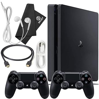 PlayStation 4 Slim 500GB Console Bundle - Includes the PS4 Slim Console 500GB, 2 Dualshock 4 Wireless Controllers, MicroUSB Charging Cable, HDMI cable, Wired Earbuds and Microfiber Cloth (Renewed)