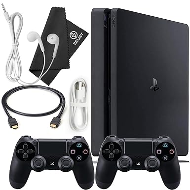 PlayStation 4 Slim 500GB Console Bundle - Includes the PS4 Slim Console 500GB, 2 Dualshock 4 Wireless Controllers, MicroUSB Charging Cable, HDMI cable, Wired Earbuds and Microfiber Cloth (Renewed)