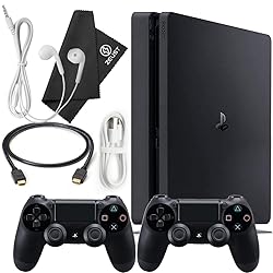 PlayStation 4 Slim 500GB Console Bundle - Includes the PS4 Slim Console 500GB, 2 Dualshock 4 Wireless Controllers, MicroUSB Charging Cable, HDMI cable, Wired Earbuds and Microfiber Cloth (Renewed)