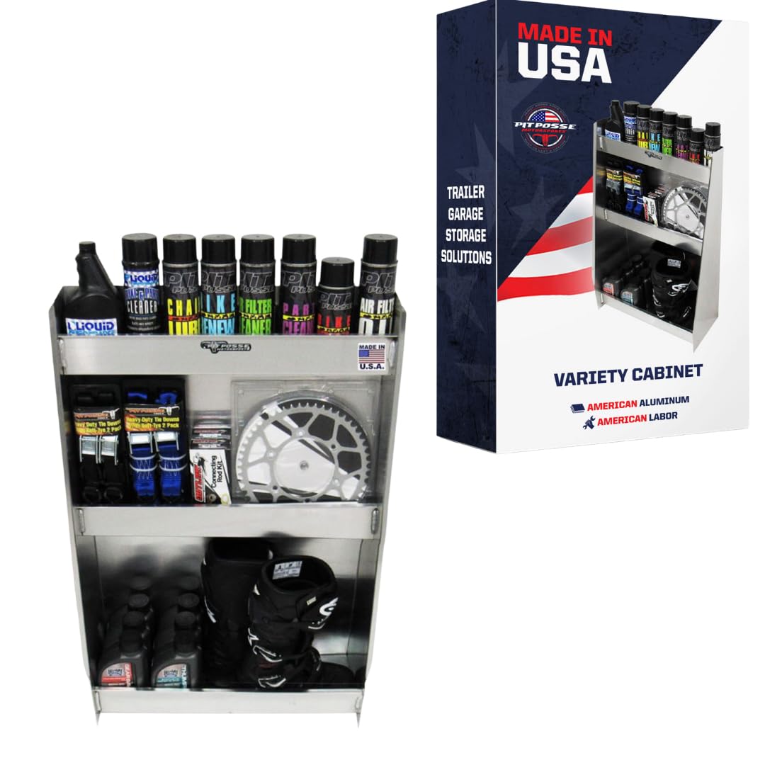 Pit Posse 523 Trailer Cabinet Shelf Organizer Multi Use for Enclosed Race Trailer Shop Garage Storage - Made in USA - Aluminum Multi Purpose Wall