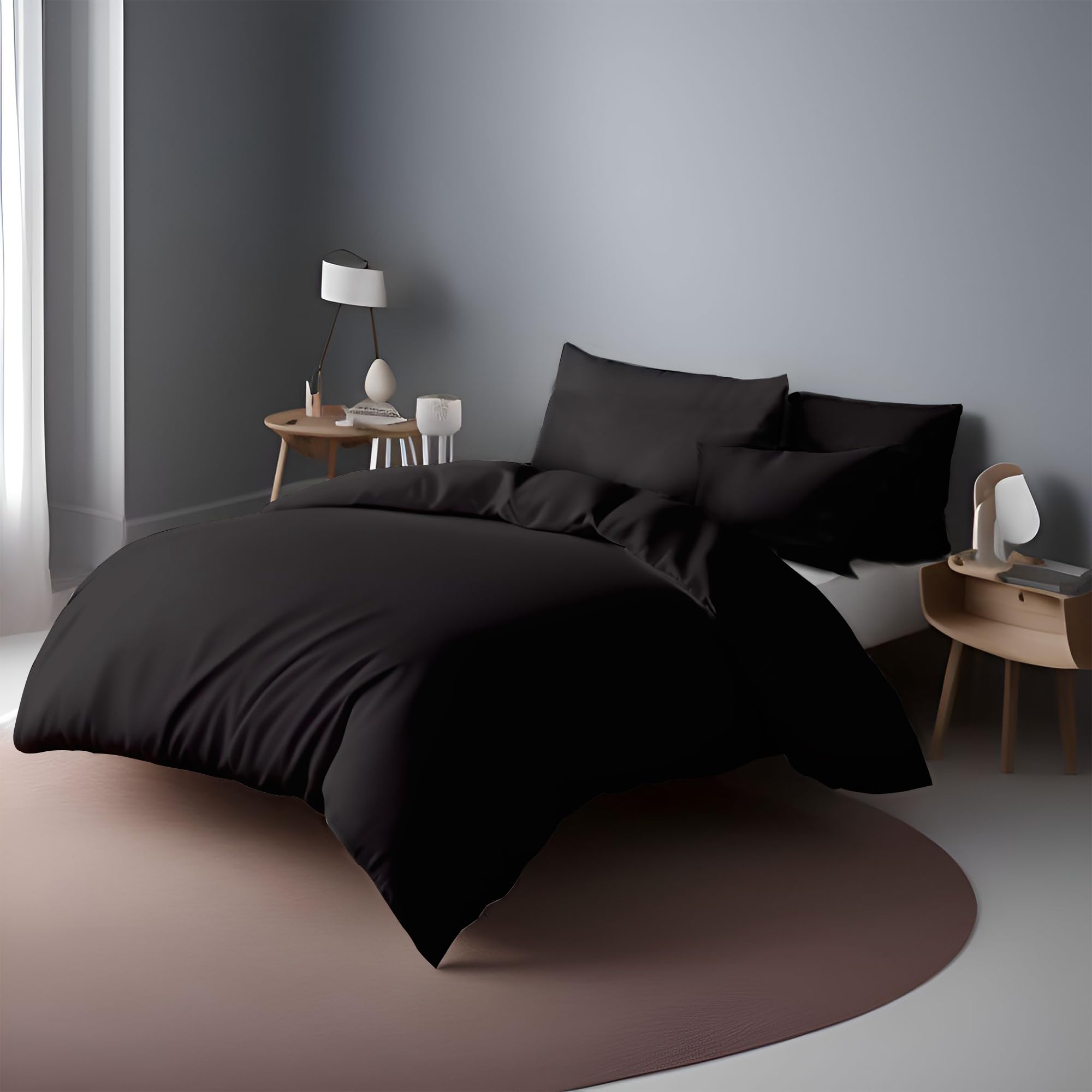 LivinEase Set Copripiumino Una Piazza e Mezza - Microfibra Copripiumino 200x200cm + Federe 80x80cm - Copripiumino Nero